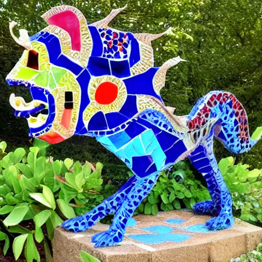 Image similar to mosaic sculpture of a alebrije chimera, irregularly shaped mosaic tiles, hand glazed pottery shards, in the style of folk art, in a cottagecore flower garden