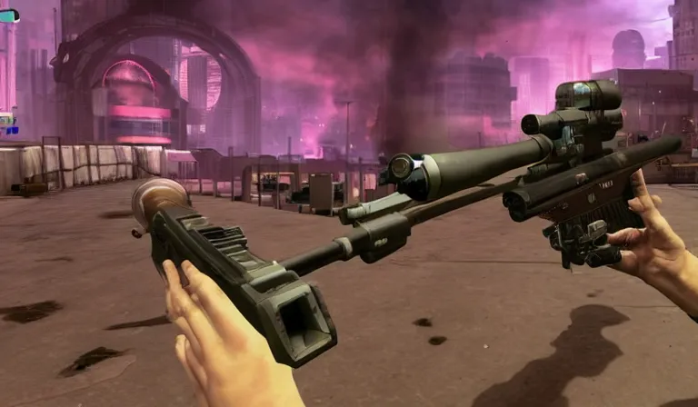 Image similar to Susie Essman aiming a sniper rifle in a video game, screenshot, wide shot, low angle, System Shock 2, Fallout New Vegas, Deus Ex, Doom Eternal, Quake, Perfect Dark, Bioshock, Half Life 2, Alien Isolation, Soma, Dead Space