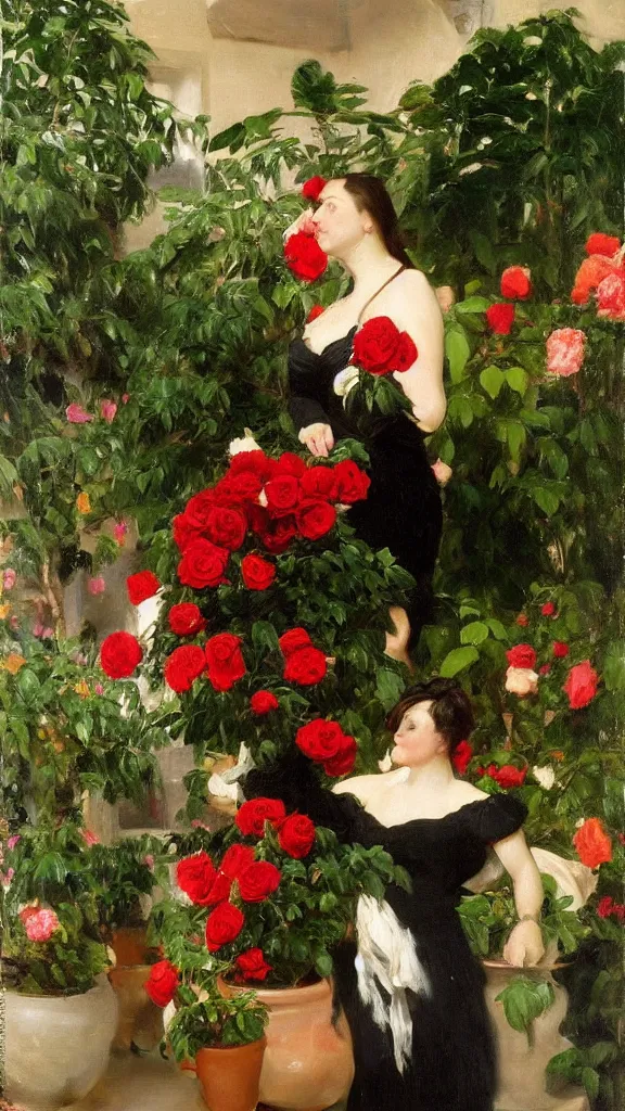 Image similar to rebekah delrio in a botanical room set near a persian pot fulk of red roses and palm treeby john singer sargent