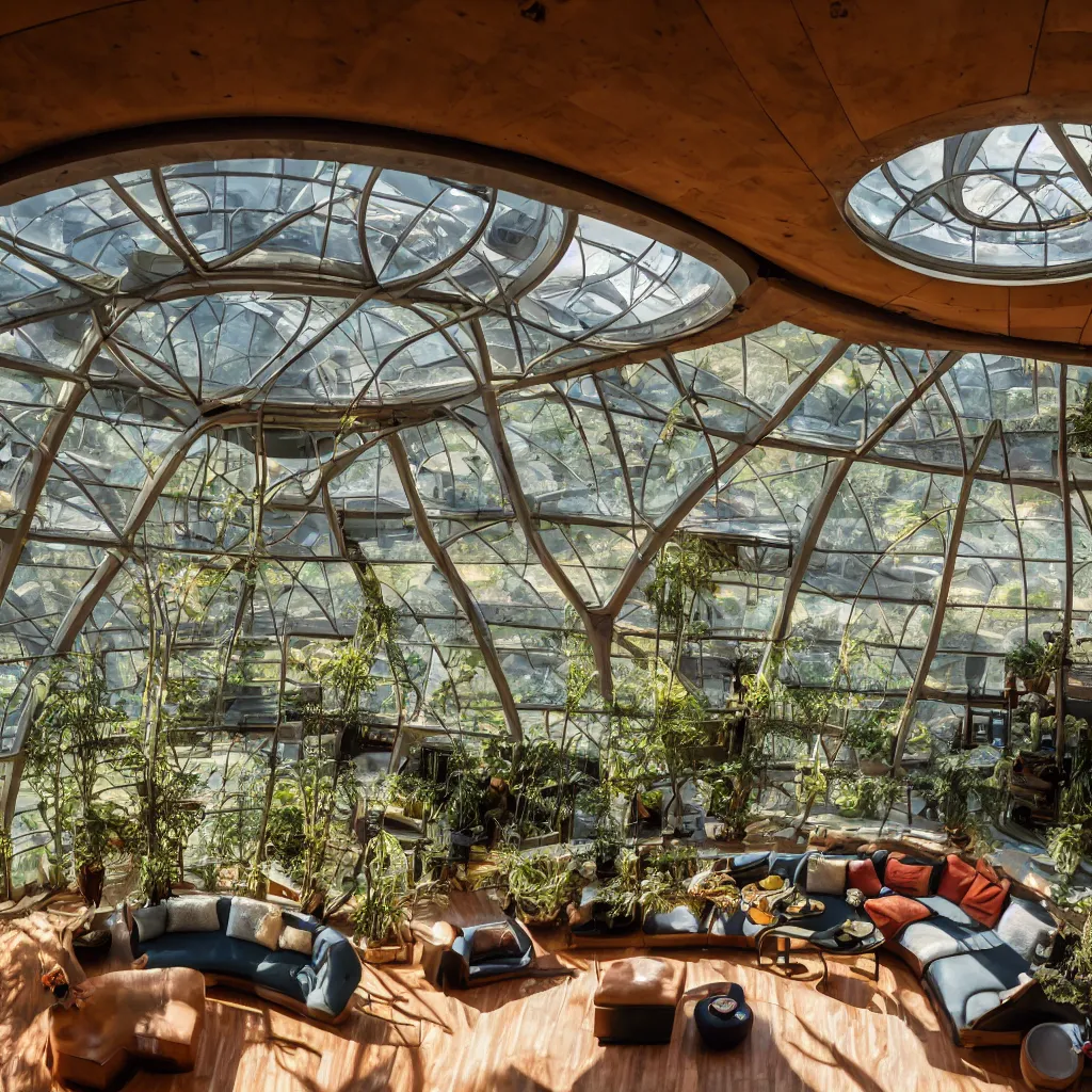 Image similar to inside luxurious earthship with futuristic sunken lounge and indoor garden with circular skylights, XF IQ4, 150MP, 50mm, F1.4, ISO 200, 1/160s, sunset