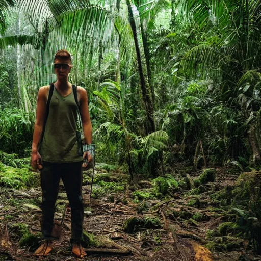 Image similar to a human researcher standing in the rainforest, post - apocalypse, cinematic