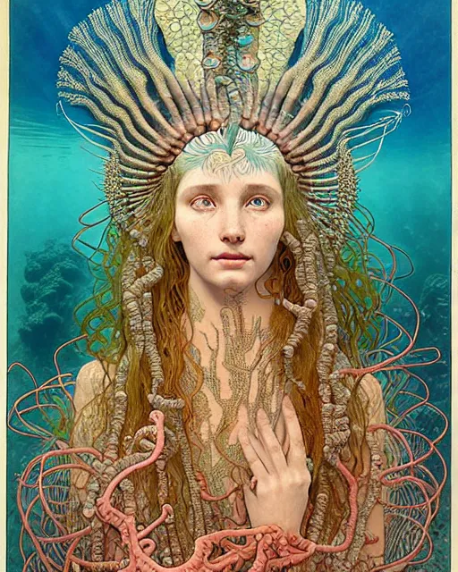 Prompt: realistic detailed underwater portrait of the beutiful young goddess of the fish of the three times with an intricate headdress of corals, sea kelp, sea plants, fish, jellyfish, art by ernst haeckel, zdzisław beksinski, h. r. giger, alphonse mucha, gothic, neo - gothic, ornamental,