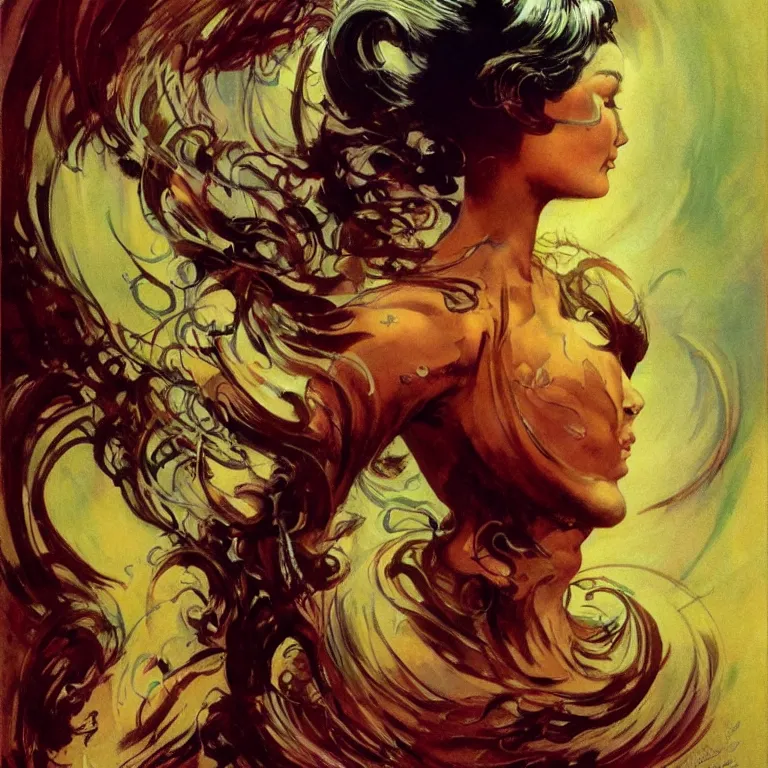 Image similar to portrait of a woman with swirling hair and fractal skin by frank frazetta, retrofuturism, psychedelic art reimagined by industrial light and magic