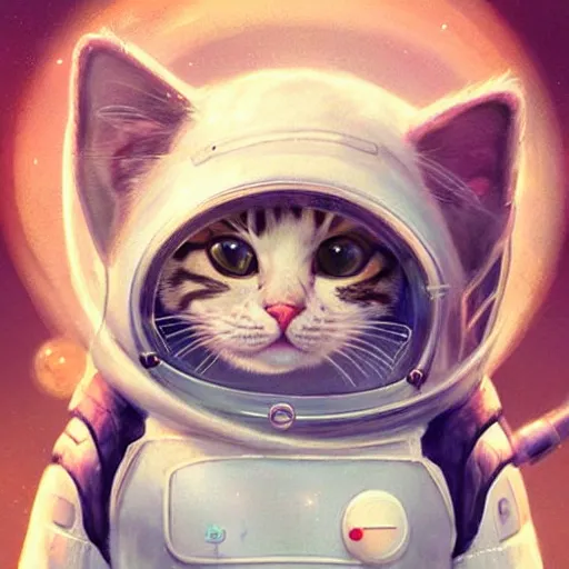 Image similar to head and shoulders masterpiece portrait of a cute adorable cat wearing a spacesuit, surreal background, digital art by krenz cushart, trending on artstation, cgsociety,