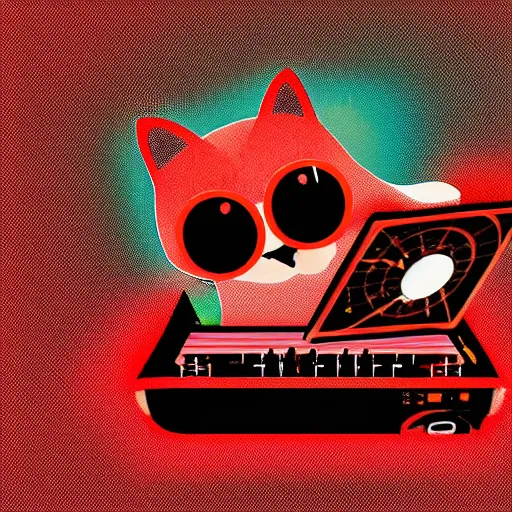 Image similar to anthropomorphic cat at a dj table spinning records, beautiful logo style, rendered in blender