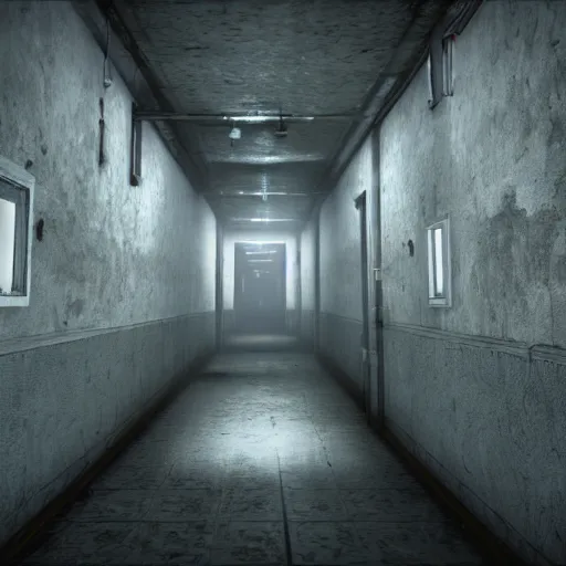 Prompt: horror facility hald - lit corridor, scp containment breach, unreal engine 5, rtx, next - gen graphics, aaa game trailer, cinematic lighting