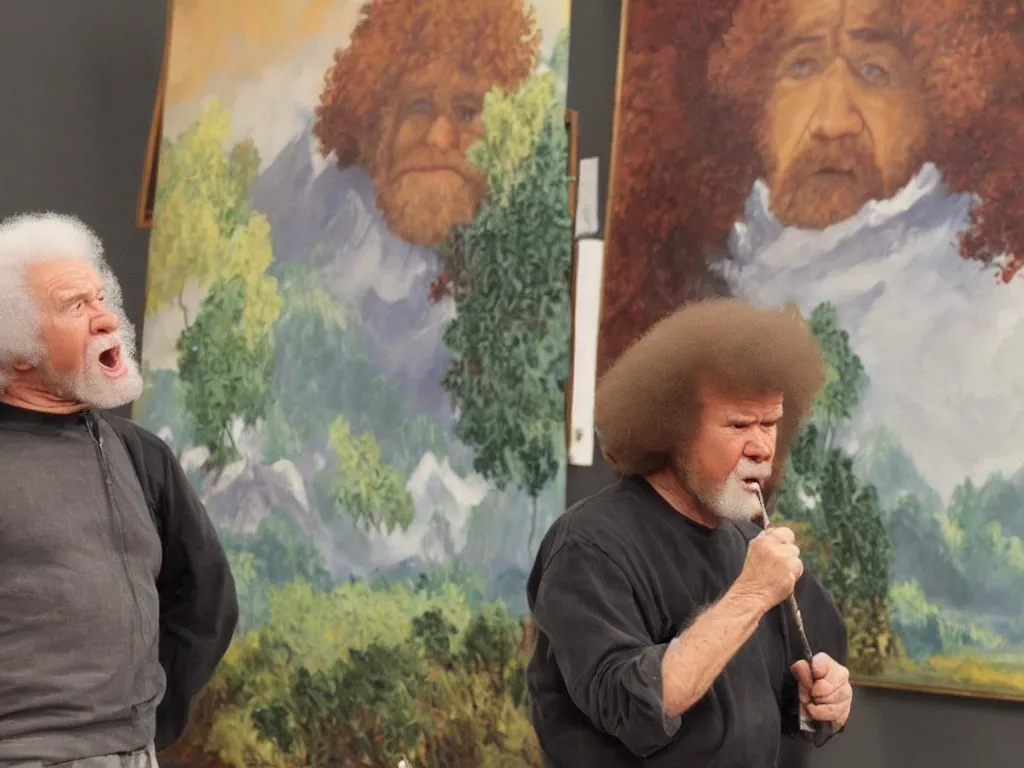 Image similar to old bob ross is sad and angry and yelling at a huge painting by bob ross