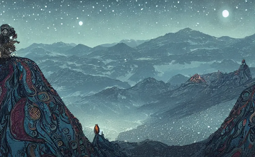 Image similar to mountains, stars and paisley filled sky, artstation, intricate, highly detailed, digital painting, concept art, sharp focus, illustration by Enki Bilal and Ivan Bilibin