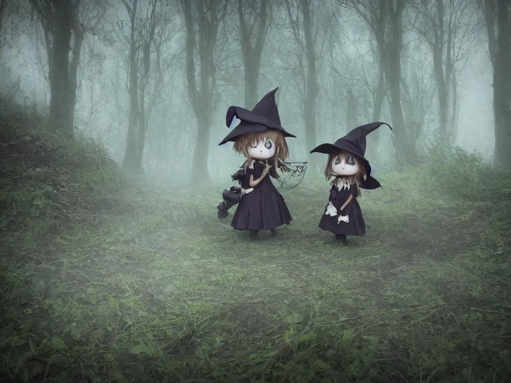 Image similar to cute gothic fumo plush witch girl ventures deep into the forbidden forest, malevolent glowing magical energy, ancient overgrown pagan monument summoning circle, volumetric fog and smoke, the bog of dark abyss, vray