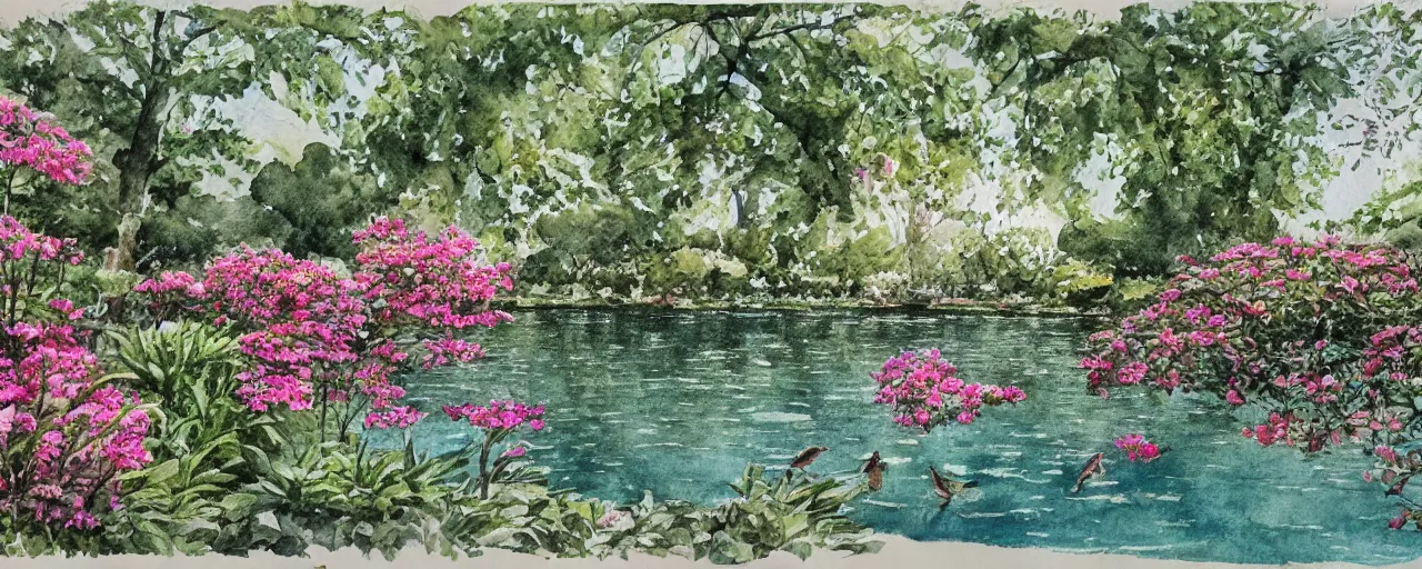 Image similar to isomeric view, delicate lake in a botanic garden, garden road, sparrows, temple in a botanical herbarium paper, watercolor colored painting, iridescent colors, 8 k, realistic shaded, fine details, artstation, italian style, colonnade, flowers, architecture, roma