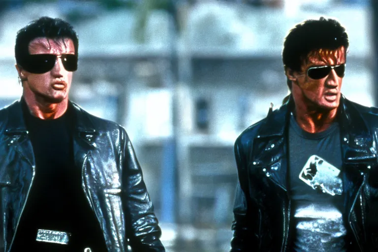 Prompt: a film still of Sylvester Stallone as the Terminator from the movie Terminator 2: Judgment Day (1991)