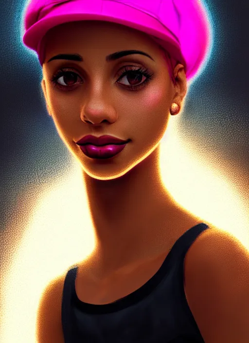 Image similar to portrait of teenage vanessa morgan with bright pink hair, black girl, vanessa morgan, curly pixie cut hair, wearing newsboy cap, newsboy cap, hoop earrings, intricate, elegant, glowing lights, highly detailed, digital painting, artstation, concept art, smooth, sharp focus, illustration, art by wlop, mars ravelo and greg rutkowski