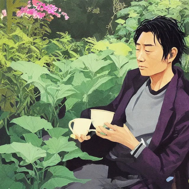 Prompt: ryuichi tanaka drinking coffee in the garden. gouache and gold leaf by the award - winning concept artist