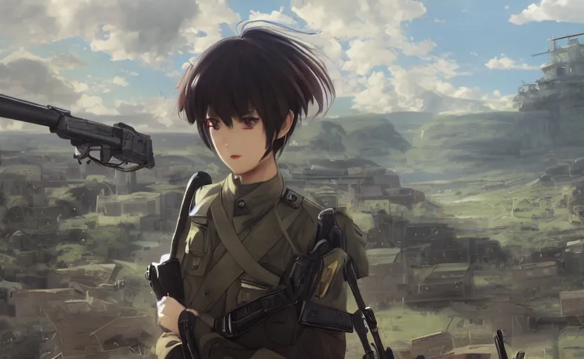 Image similar to panoramic view, girl, soldier clothing, battlefield in background, anime style, short hair, hair down, realistic face, symmetrical facial features, from arknights, hyper realistic, 4 k, extreme detail, detailed drawing, trending artstation, safebooru, realistic lighting, by alphonse mucha, greg rutkowski, anime eyes, sharp focus