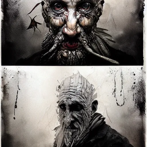 Image similar to collodion process photography of mutant fishman sailor old man with gills and scales creatures from the deep ocean by emil melmoth zdzislaw beksinki craig mullins yoji shinkawa realistic render ominous detailed photo atmospheric by jeremy mann francis bacon and agnes cecile ink drips paint smears digital glitches glitchart