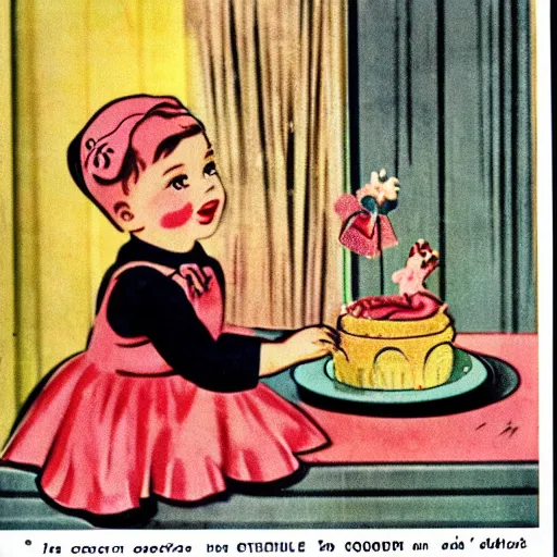 Prompt: 1950's cookbook color illustration baby cake adorable cartoon face sharp detail high detail