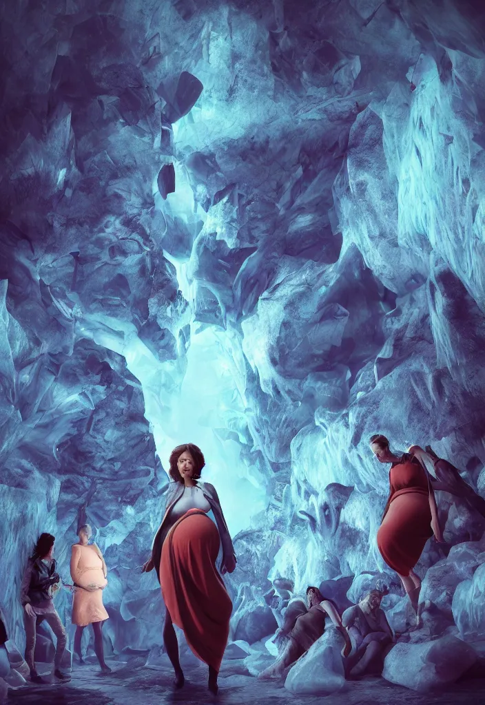 Image similar to epic leader pregnant woman talking to all her tribe with futuristic fluorescence mutant veins, proud people looking at the pregnant woman, ice cave, facinating, fantasy digital art, octane render, beautiful composition, trending on artstation, coherent, masterpiece, photorealistic