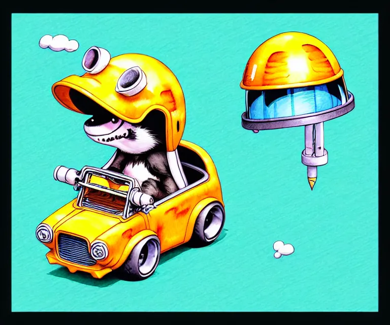 Image similar to cute and funny, puppy wearing a helmet riding in a tiny hot rod with an oversized engine, ratfink style by ed roth, centered award winning watercolor pen illustration, isometric illustration by chihiro iwasaki, edited by range murata, tiny details by artgerm and watercolor girl, symmetrically isometrically centered, sharply focused