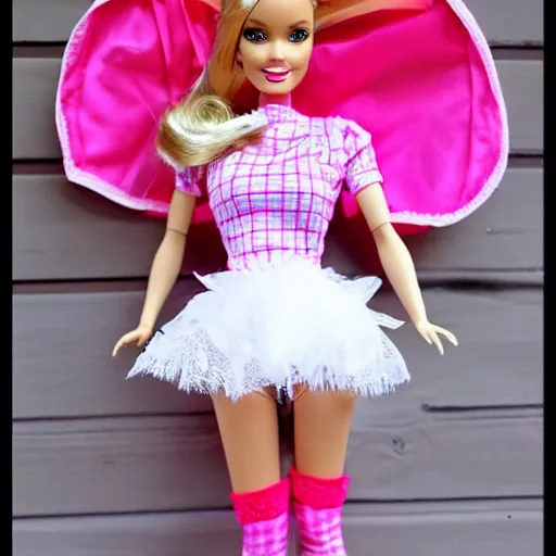 Image similar to barbie doll, bunny costume, playboy, rabbit ears, plaid tights, full length, raspberry banana color, lace