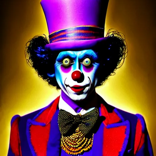 Image similar to uhd photorealisitc authentic lovecraftian psychotic willy wonka wearing ornate clown costume and intricate voodoo makeup, intricate details, vivid colors, frightening surroundings, studio lighting, correct details, in the style of amano, karol bak, akira toriyama, and greg rutkowski