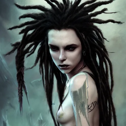 Image similar to dreadlocks, darkwave, darksynth character portrait, sharp, digital matte painting, art by luis royo, greg rutkowski, wlop, dramatic lighting, trending on artstation