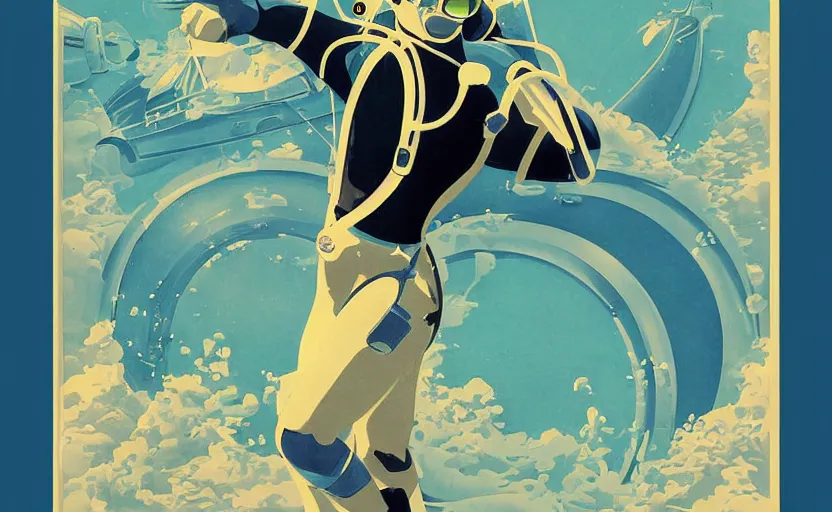 Image similar to vaporwave art deco of scuba diver by adolphe millot