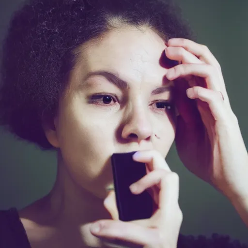 Prompt: A sad woman holding a phone taking a selfie, self-portrait photography, 8k, trending on arstation