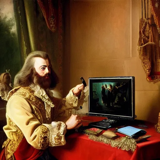 Image similar to russian tsar Peter The Great 18th century installs operating system on desktop computer oil painting, detailed, artfully traced, 4k resolution, cinematic, dramatic