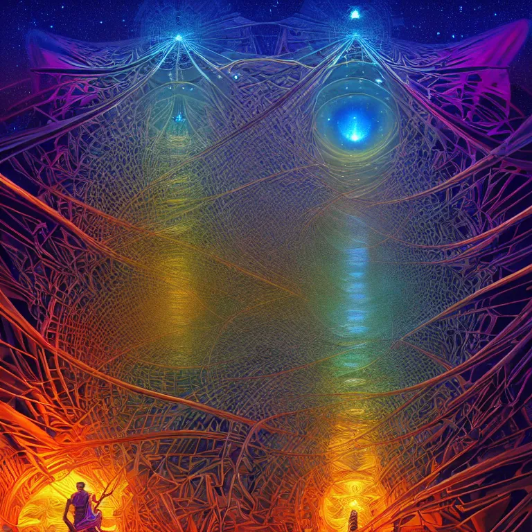 Image similar to an expansive octane redshift rendering of beautiful and complex interwoven fireflies at the rift in the timespace continuum portal fractal quantum by dan mumford, ombre, by jim fitzpatrick, by joe wilson, by jim burns, by victo ngai, by jacek yerka, featured on deviant art, trending on artstation