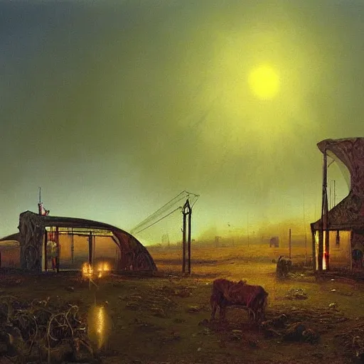 Prompt: painting of beksinski artlilery scifi organic shaped gas station with ornate metal work lands on a farm, fossil ornaments, volumetric lights, purple sun, andreas achenbach