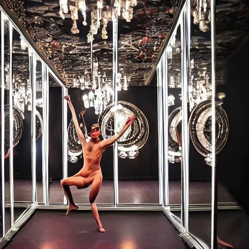 Prompt: a fire dancer in a room full of mirrors, ultra high definition photo, reflections everywhere