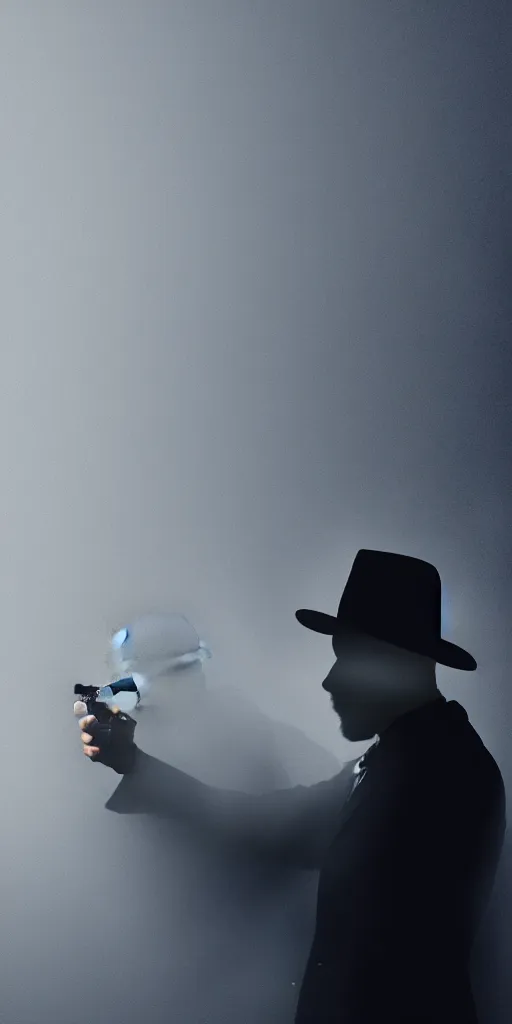 Prompt: mysterious man in black suit and black hat, he has a pistol, smoke, fog, mysterious, 4 k, highly detailed, digital art, strong shadows, high contrast, epic scene, atmospheric, blue colours, old photograph