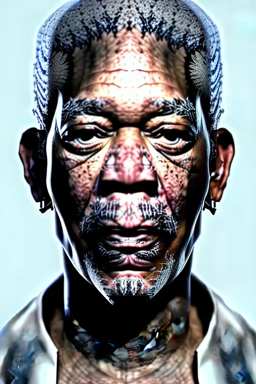 Prompt: a very detailed portrait a cyberpunk Morgan Freeman, biotech, machine, photorealistic, highly detailed with a cyberpunk style, unreal engine, defined cheekbones, dramatic cinematic lighting