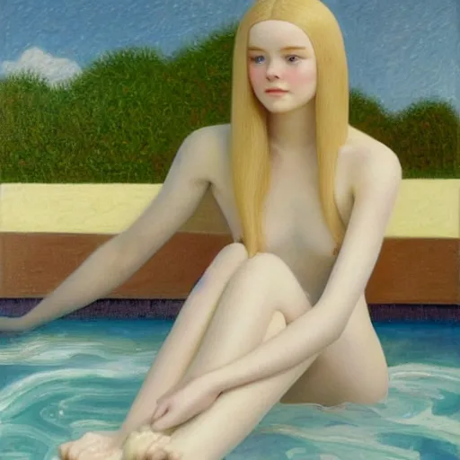 Image similar to Painting of Elle Fanning at the pool, long blonde hair, delicate, pale milky white porcelain skin, by Grant Wood. 8K. Extremely detailed.