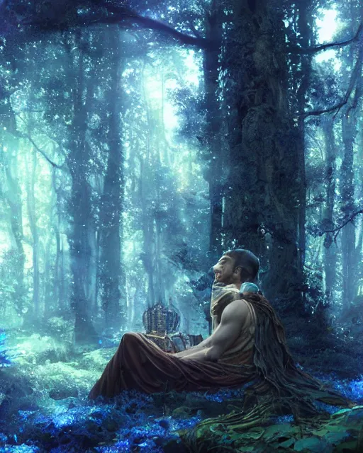 Prompt: a male druid with dark hair and blue eyes meditating in a nebula forest by greg rutkowski, high key lighting, volumetric light, digital art, highly detailed, fine detail, intricate, ornate, complex, octane render, unreal engine, photorealistic digital painting, artstation, concept art, sharp focus, art by greg rutkowski and alphonse mucha