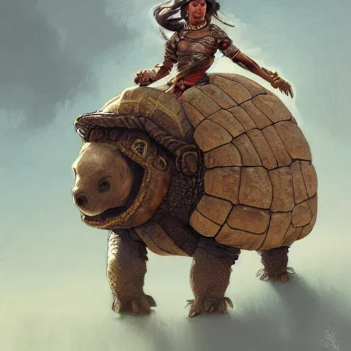 Prompt: incan riding a glyptodon, fullbody, fantasy, intricate, elegant, highly detailed, digital painting, artstation, longspear, concept art, smooth, sharp focus, illustration, art by greg rutkowski and justin gerard