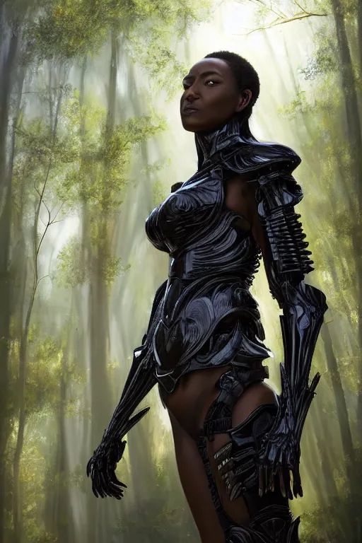 Prompt: hyperrealistic long shot mithra gorgeous black woman intricate exoskeleton bone armor in a forest sun behind her concept art eric zener elson peter cinematic light low angle hd 8k sharp rack focus