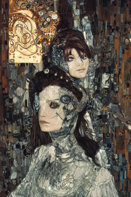 Prompt: portrait of beautiful young gothic maiden, cyberpunk, warhammer, highly detailed, artstation, illustration, art by gustav klimt