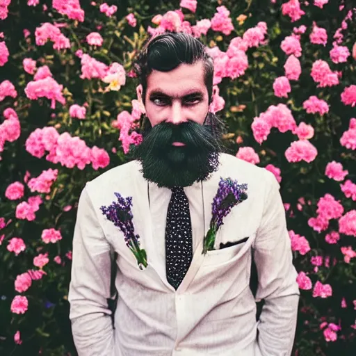 Image similar to photo portrait of a man with a moustache no beard standing in front of flowers, tumblr contest winner, aestheticism, masculine, aesthetic