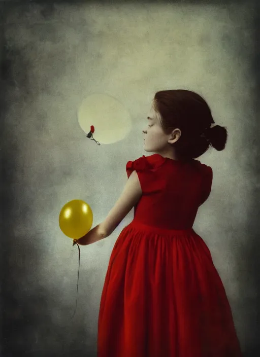 Prompt: little girl looks at a balloon that flies away, fine art portrait photography by Sarah Moon