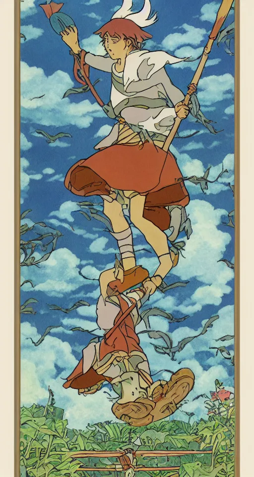 Prompt: the fool tarot card as drawn by studio ghibli, whole card, white frame, concept art, zoom out