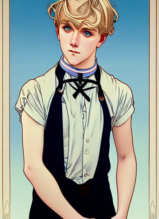 Image similar to art nouveau portrait of a pretty young man with short blond hair, light blue eyes, sad expression, scared, head down, shy and demure, wearing a choker collar, natural lighting, path traced, highly detailed, high quality, cartoon, digital painting, by don bluth and ross tran and studio ghibli and alphonse mucha