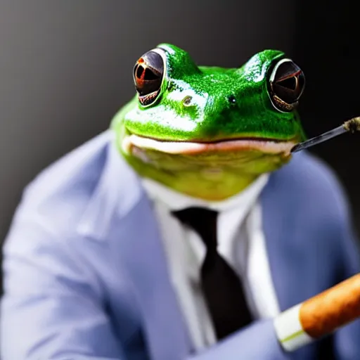 Image similar to a high detail closeup shot of a frog wearing a suit 👔,and smoking a cigarrette🚬