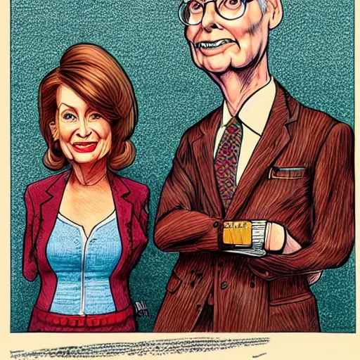 Image similar to The Artwork of R. Crumb and his Cheap Suit Mitch McConnell and Nancy Pelosi, pencil and colored marker artwork, trailer-trash lifestyle