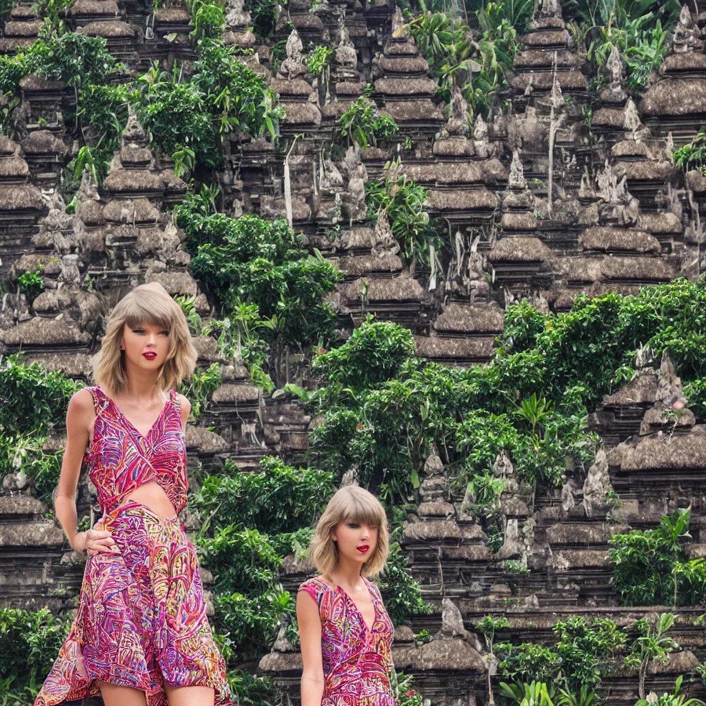 Prompt: taylor swift wearing batik bali in bali. temple background. front view. instagram closeup holiday photo shoot, closeup, 2 0 0 mm