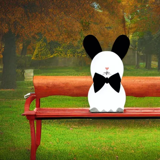 Image similar to a dapper bunny rabbit in formal wear with a monocle sitting on a park bench on a sunny day, digital art