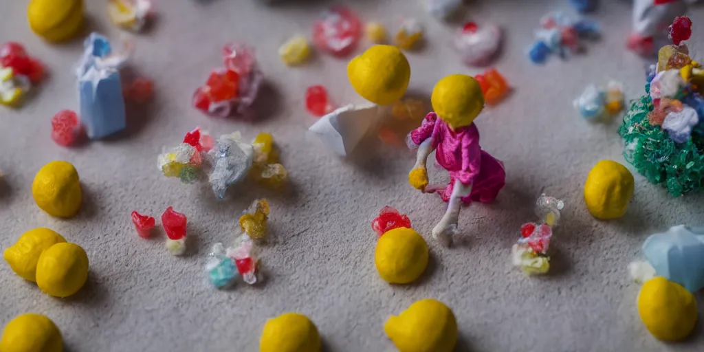 Image similar to a cinematic film still of a claymation stop motion film about a town made of lemons and candy, shallow depth of field, 8 0 mm, f 1. 8