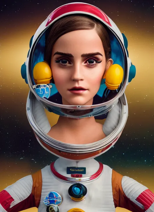 Image similar to closeup profile portrait of tin toy emma watson spacegirl astronaut, bikini, depth of field, zeiss lens, detailed, symmetrical, centered, fashion photoshoot, by nicoletta ceccoli, mark ryden, lostfish, breathtaking, 8 k resolution, extremely detailed, beautiful, establishing shot, artistic, hyperrealistic, octane render