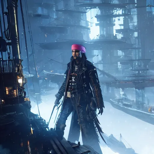 Image similar to i am a pirate in cyberpunk when visiting frostpunk