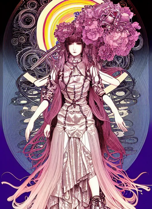 Image similar to highly detailed terada katsuya artstation manga poster of witch mechine, hajime sorayama, rainbow gradient bloom, long hair, armor, dress, laces, ruffles, 8 k, maximalist, ayami kojima, alphonse mucha